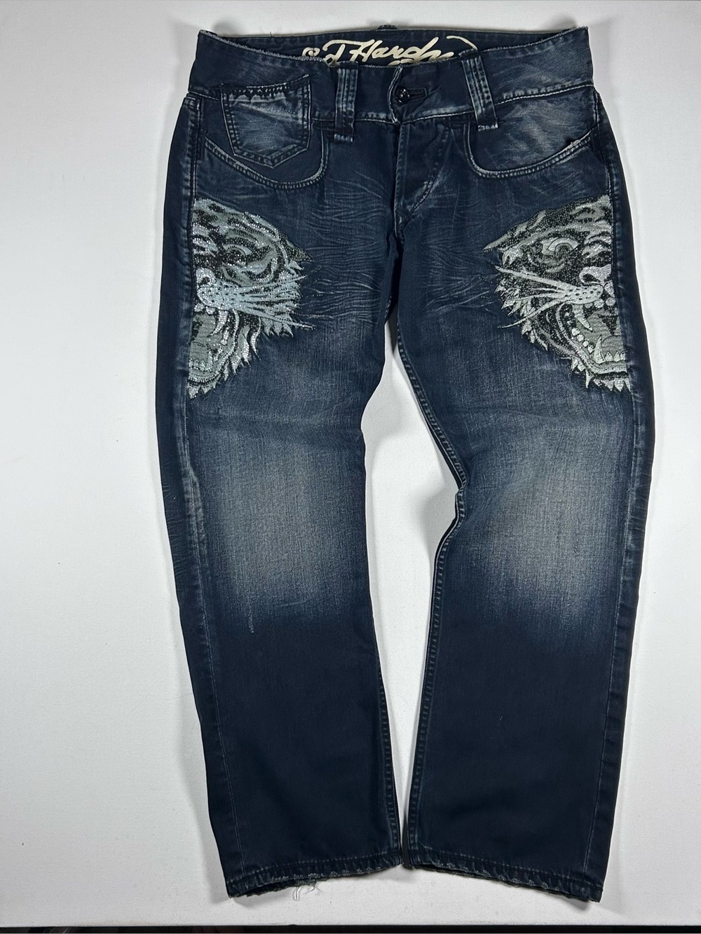 Ed Hardy Tiger Embroidery Jeans 38x32 Distressed Y2K Denim Pants Baggy Bedazzled